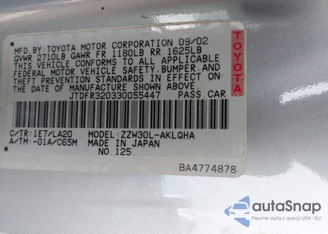 2003 Toyota Mr2 Spyder from USA, damaged, VIN JTDFR320330055447